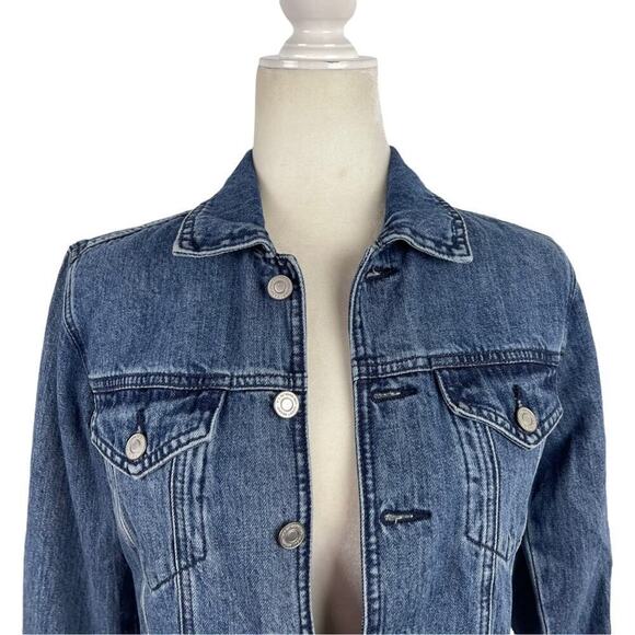 LUCKY BRAND Remade Distressed Denim Waisted Trucker Jacket Raw Frayed Hem XS - Picture 3 of 15